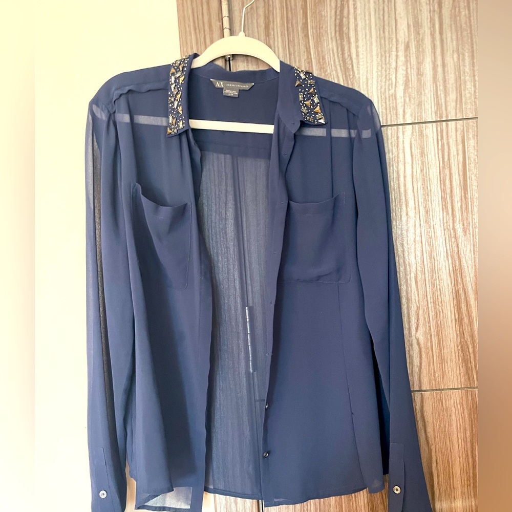 See through blue Armani exchange blouse, size XL, looks brand new